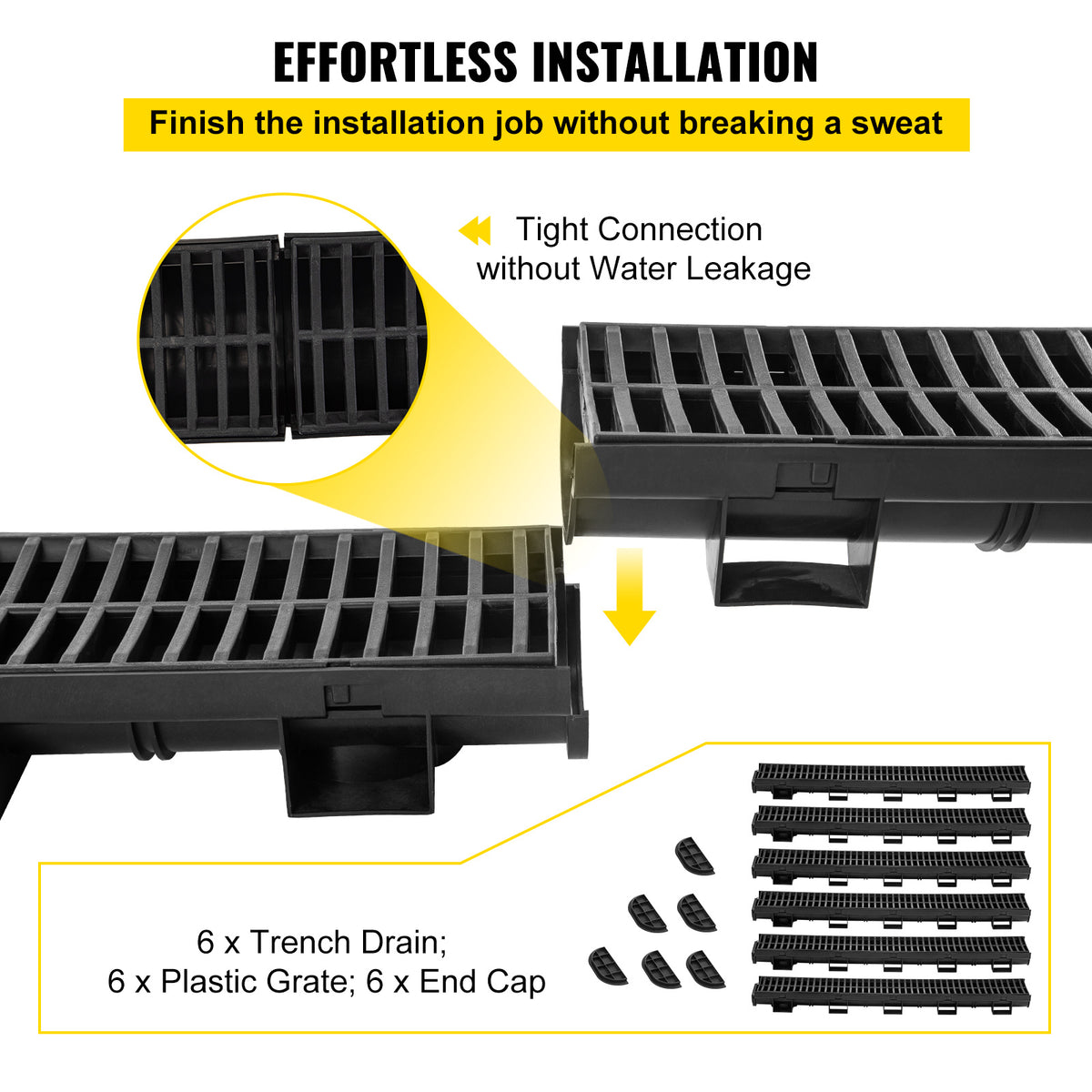 Trench Drain System by VEVOR, 6-Piece Interlocking Channel Drain for Driveways and Garages