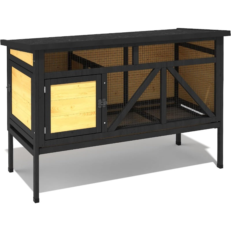 46.7" Elevated Rabbit Cage, Fir Wood Small Animal House - Indoor & Outdoor Rabbit Hutch, Bunny Cage for Guinea Pig, Wooden Design with Removable Tray, Asphalt Roof & Bottom Wire Mesh for Small-Medium Animals