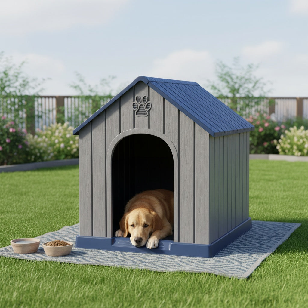 Super Big XXL 38" Outdoor Dog House For Small To Large Dogs Weatherproof Resin Pet Shelter With Peaked Roof, Raised Floor& Decorative Cut-Outs Easy Assembly Indoor/Outdoor Use Spacious Winter House For Christmas, Outdoor Weatherresistant Constructio