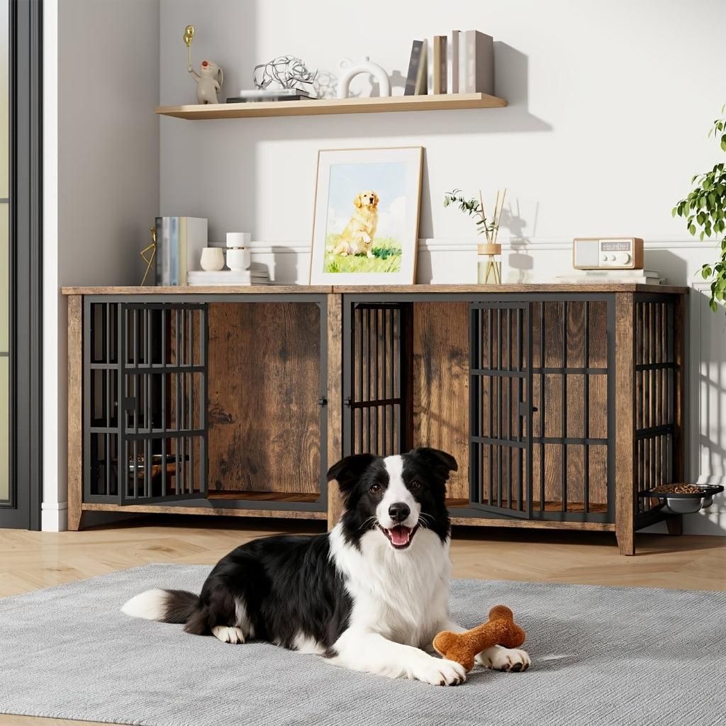 75/36/30in Furniture-Style Dog Crate with 360° Rotating Bowls, Adjustable Height, Safe Lock, Easy to Clean, Available In Gray/Brown, M, L, XL Sizes for One Or Two Dogs, Ideal for Home, Living Room Or Bedroom