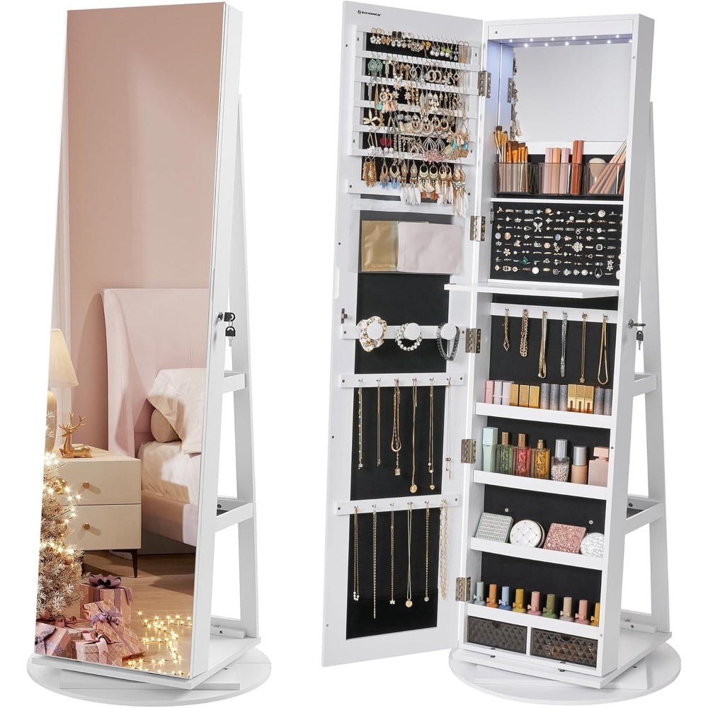6 LED Jewelry Cabinet with Frameless Full-Length Mirror, 360° Swivel Lockable Organizer Standing Armoire, 3 Storage Shelves, Jewelry Armoires
