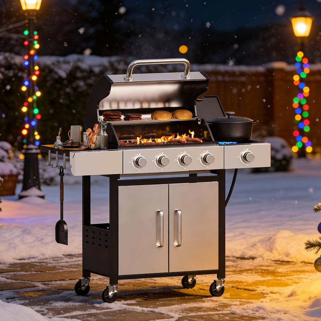 Upgraded 44000-49000 BTU 4-1 Burner Propane Gas Grill with Side Burner, Top thermometer, Outdoor BBQ Grill with Cast Iron Grates & Side Tables, 625 sq.in. Large Grilling Space for Summer Parties, Ideal for Backyard Patio & Camping, Black
