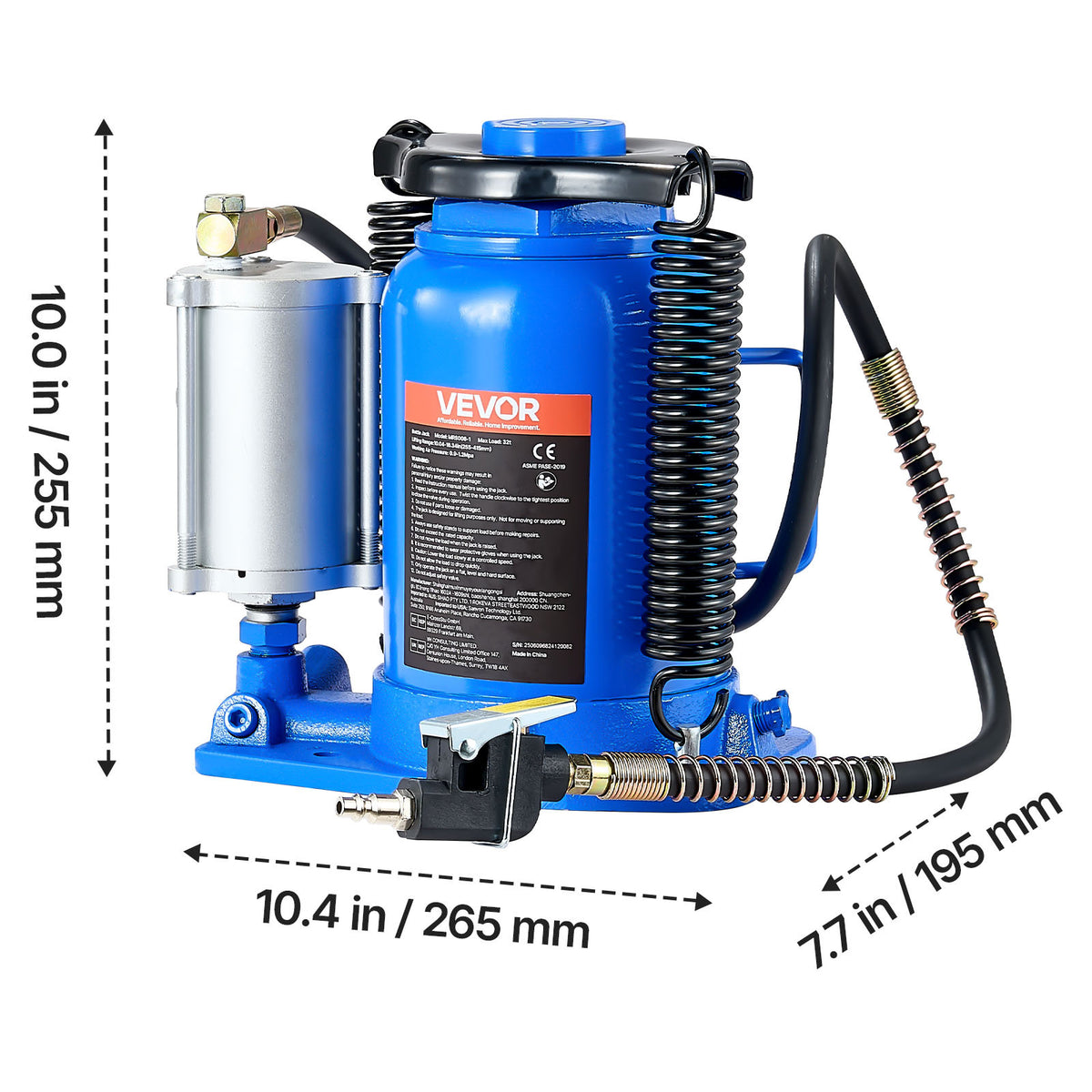 Air Hydraulic Bottle Jack by VEVOR, 32-Ton Pneumatic or Manual Lift from 10 to 16.3 Inches for Trucks and RVs