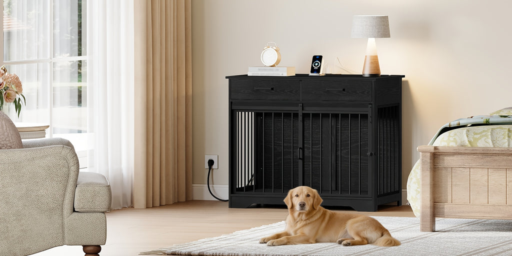38.2'' Dog Crate Furniture with Charging Station, Barn Door Dog Kennel Indoor with 2 Storage Drawers, Wooden Pet Cage End Side Table for Medium/Large Dogs, Chew-Proof, Black/White Brown