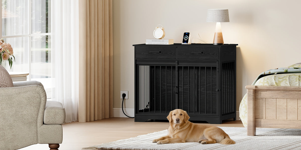 38.2'' Dog Crate Furniture with Charging Station, Barn Door Dog Kennel Indoor with 2 Storage Drawers, Wooden Pet Cage End Side Table for Medium/Large Dogs, Chew-Proof, Black/White Brown