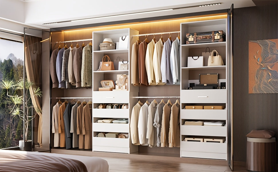 Closet System, Closet Organizer System with 4 Wooden Drawers, Walk-in Closet Wardrobe Clothes Rack with 4 Hanging Rods, Fit for 4-9ft Space, Garment Rack, White, Mounted Closet Systems