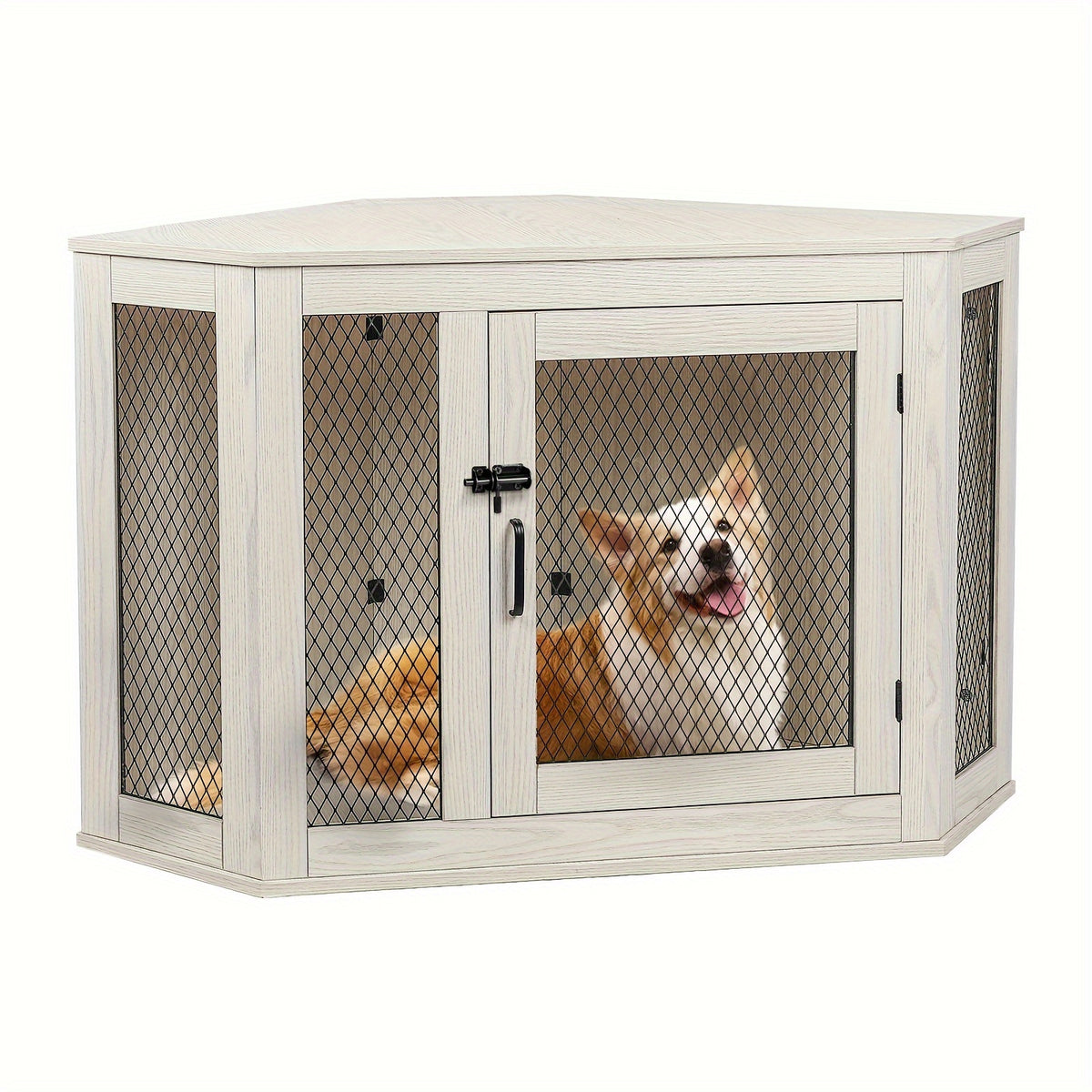 [Wooden Dog Kennel Furniture] Corner Dog Crate Furniture, 44/52Inch Wooden Dog Kennel Furniture with Mesh, Decorative Wood Dog House for Indoor Use, Dog Crate for Small/Medium Dog, Perfect for Limited Room