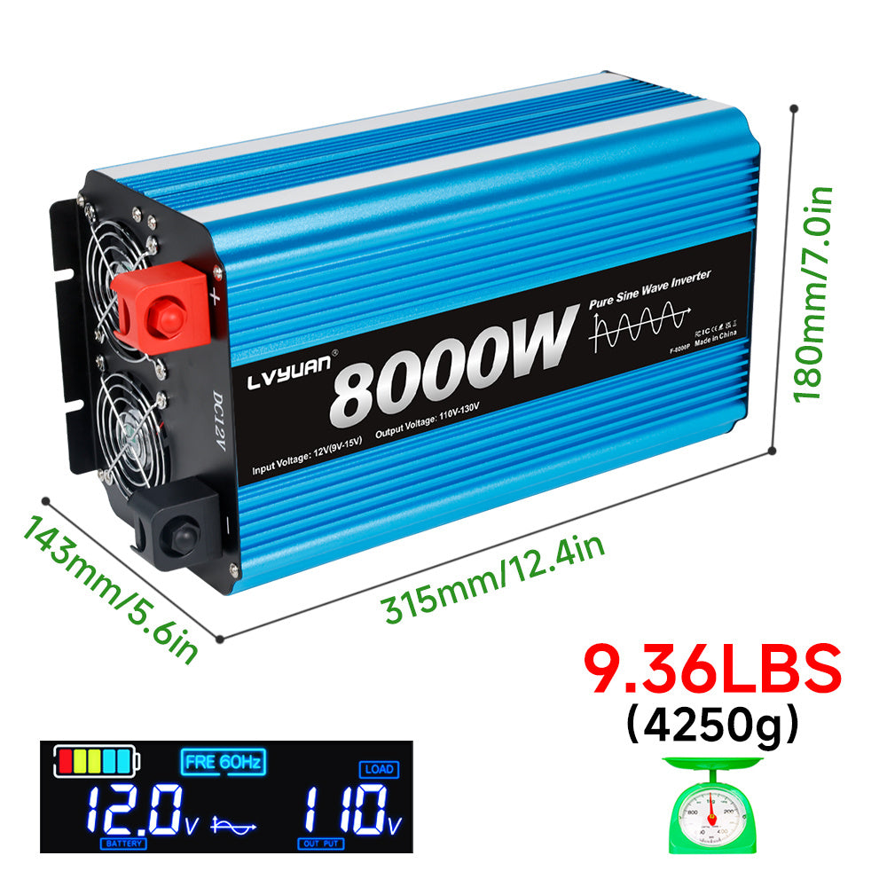 Pure Sine Wave Inverter 8000W (Peak)Car Power Inverter Efficient 12V/24V DC To 110V 120V AC With LCD Display And Remote & Troubleshooting, 4 US Sockets For Vehicles Car Chargers For Home Solar System RV Vans, Without Battery