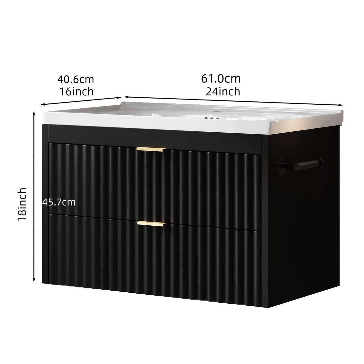 24" Wall Mount Floating Bathroom Vanity with LED Lighting, 3-Hole Ceramic Sink Included, Wave Fluted Textured Cabinet Door, 2 Soft Close Drawers, Modern Suspended Bathroom Vanity Cabinet for Small Bathrooms, Black & White Optional