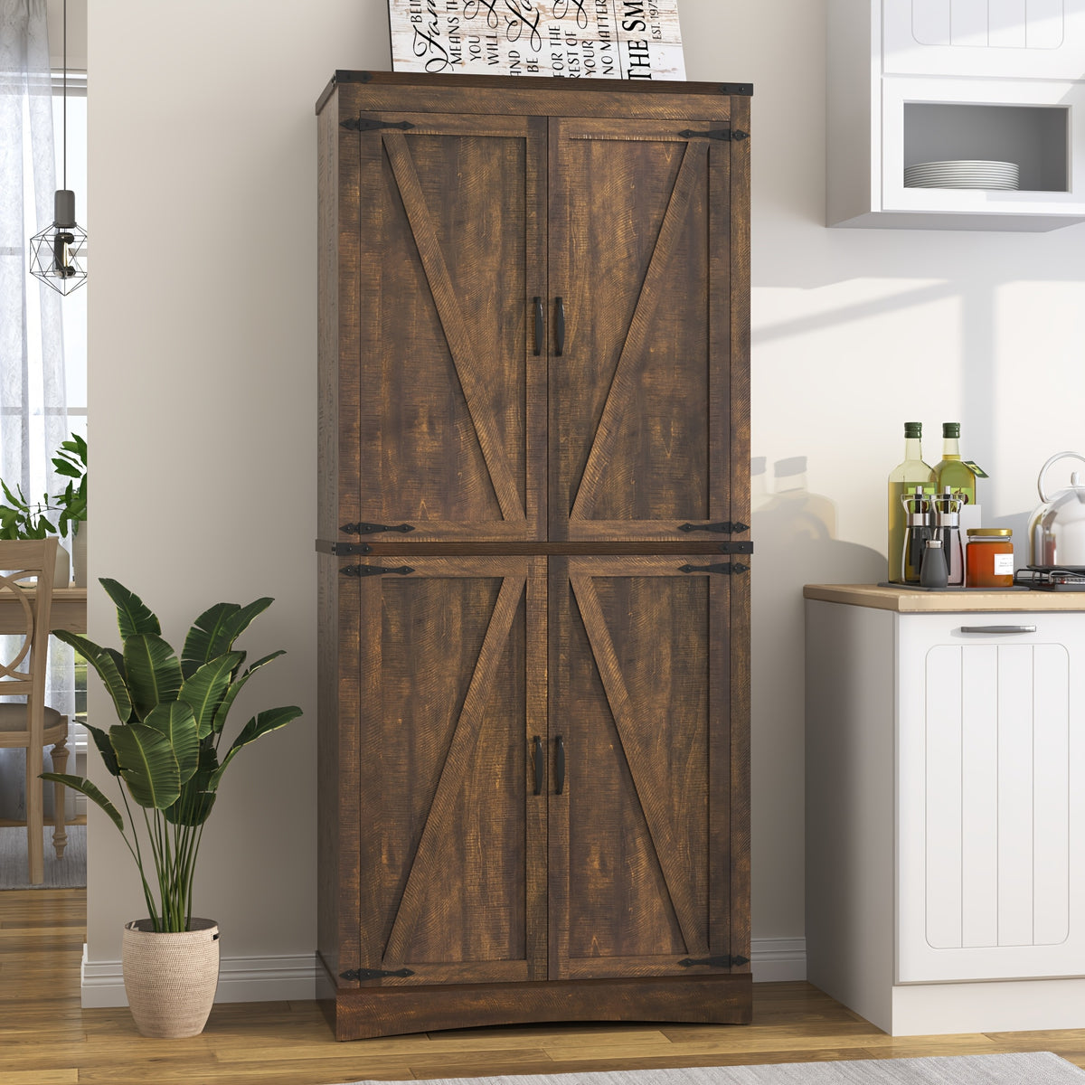 Farmhouse Tall Storage Cabinet with 4 Doors & Adjustable Shelves, 71in Pantry Cabinet for Kitchen, Living Room, Dining Room, Bathroom, Rustic Wood Storage Cabinet