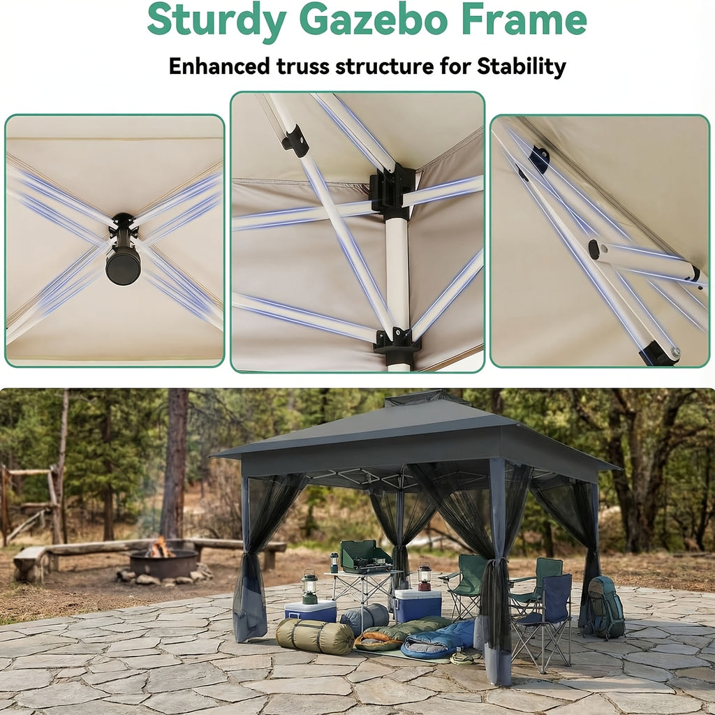 12x12ft/13x13ft Pop-Up Gazebo, Canopy with 4 Removable Mosquito Nets, Includes 4 Sandbags And Carry Bag, 3 Height Adjustments, Outdoor UV-Protective Gazebo, Easy to Carry And Set Up, Ideal for Gardens, Lawns, Parties, Camping, Fairs, Outdoor Events