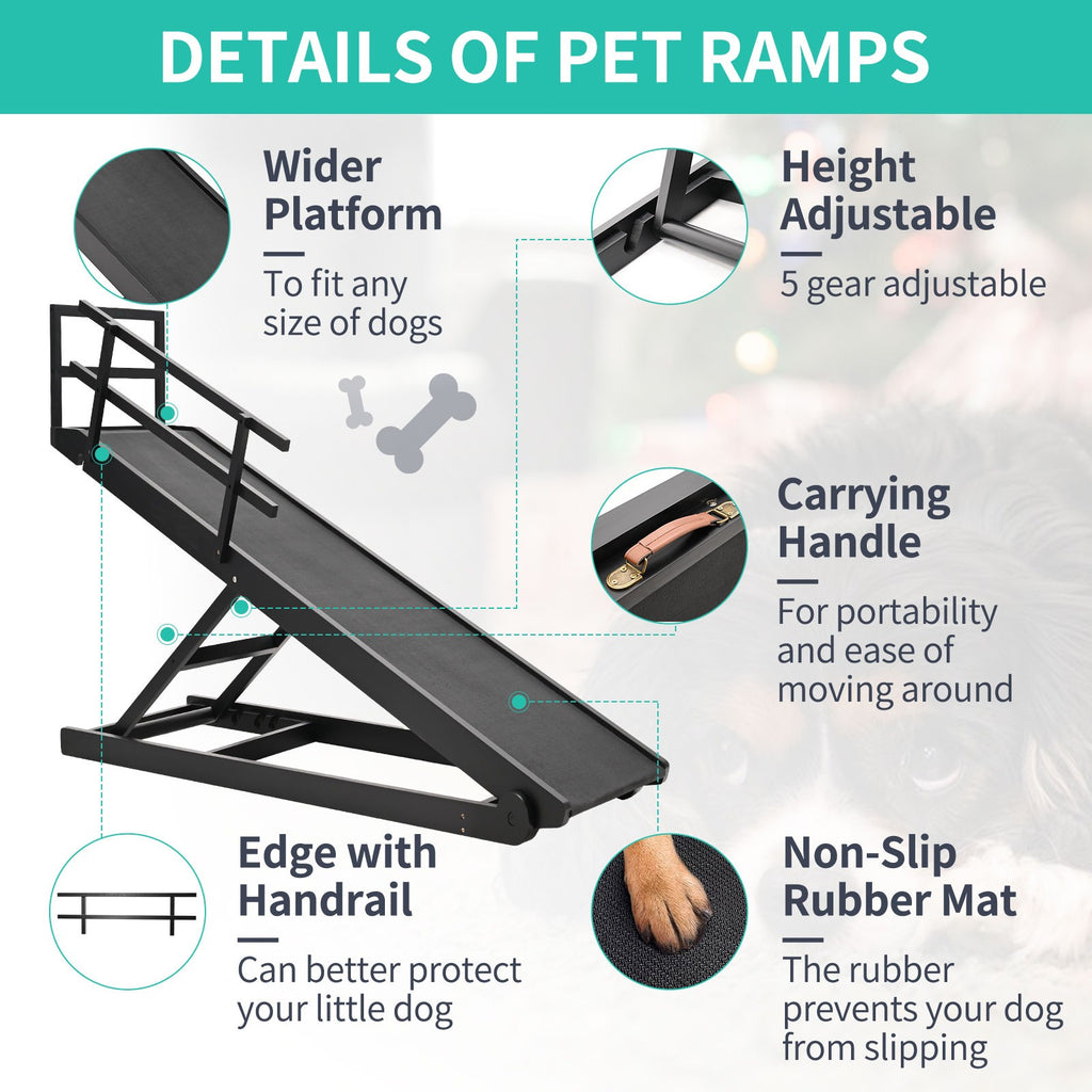 Dog Ramp, Adjustable Height Wooden Folding Pet Ramp for Bed, Couch,SUV-High Traction, Portable Paw Ramps for Small & Large Old Dogs & Cats - Furniture Quality