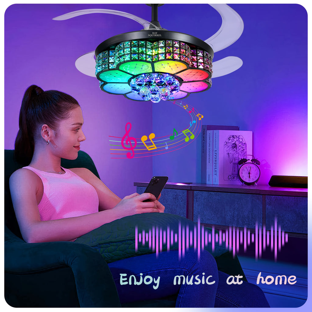 42-Inch Crystal Decoration with RGB Ceiling Fan And Light, Supports Infinite Dimming And Light Memory. with Speakers, 6 Speeds Reversible Blades, Flush Mount Chandelier Ceiling Fan Remote Control And APP Convenient Control Way