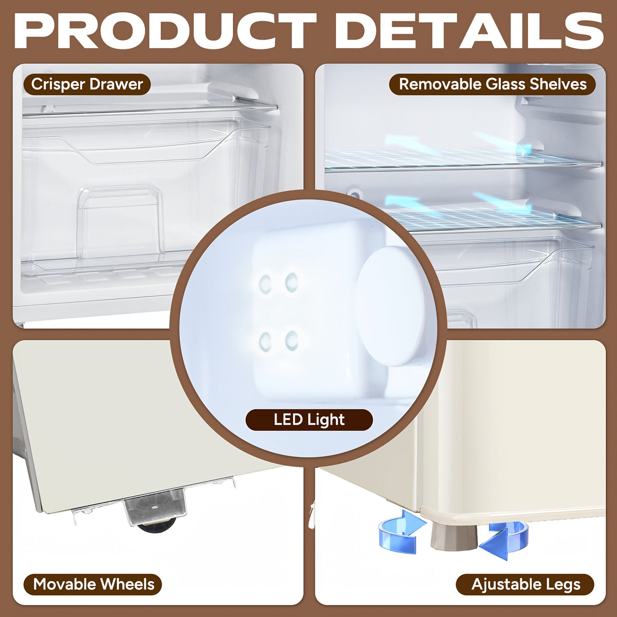 Retro Mini Fridge With Freezer 3.8 Cu. Ft, Small Refrigerator With 7 Level Adjustable Thermostat, Compact Classic Dual Door Fridge Removable Glass Shelves For Apartments, Dorm, Office