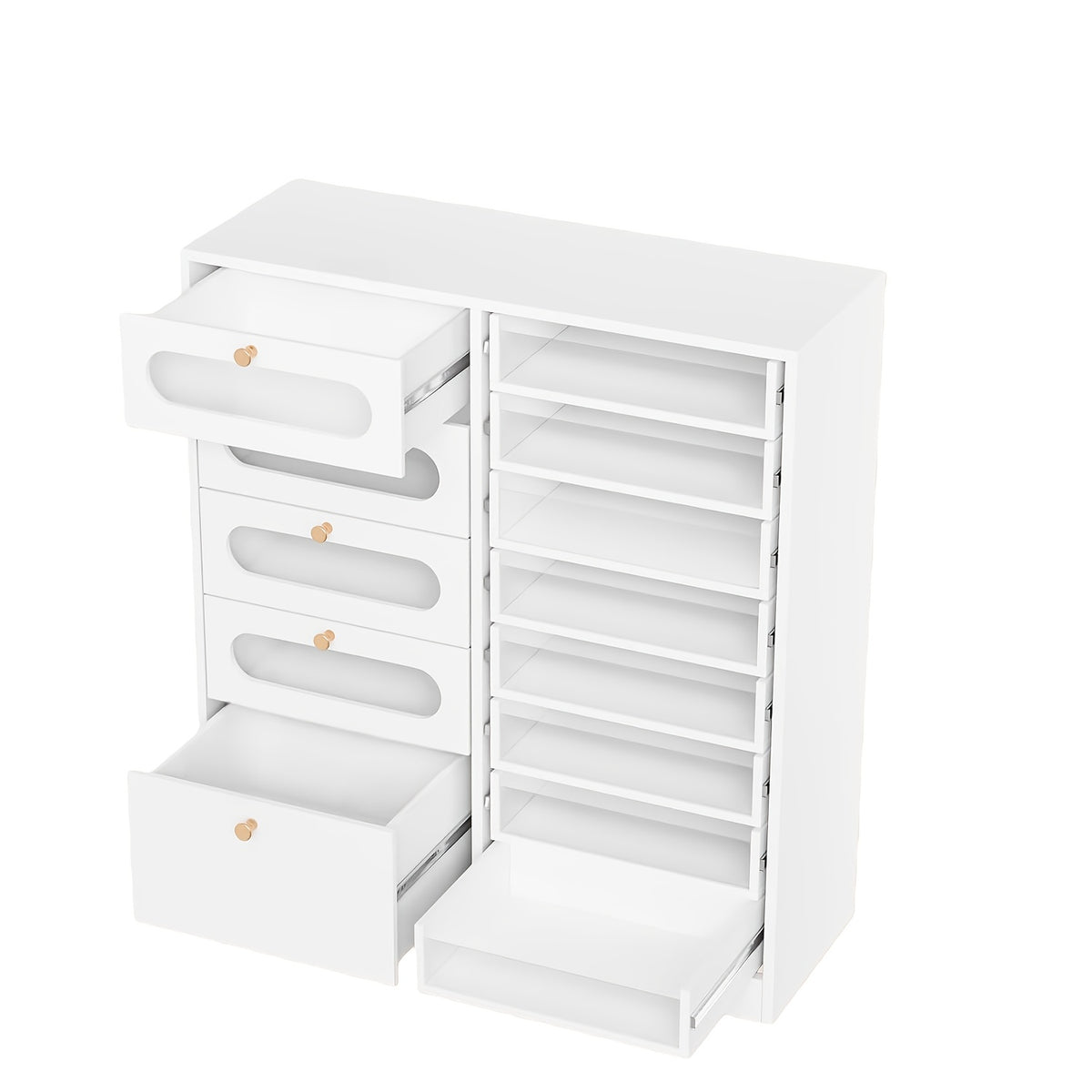 [Salon Organizer Cabinet] Nail Salon Organizer Cabinet, 32" L Floor Storage with 8 Clear & 4 Visual Drawers, Wooden Display for Polish & Powder, Beauty Salon Furniture