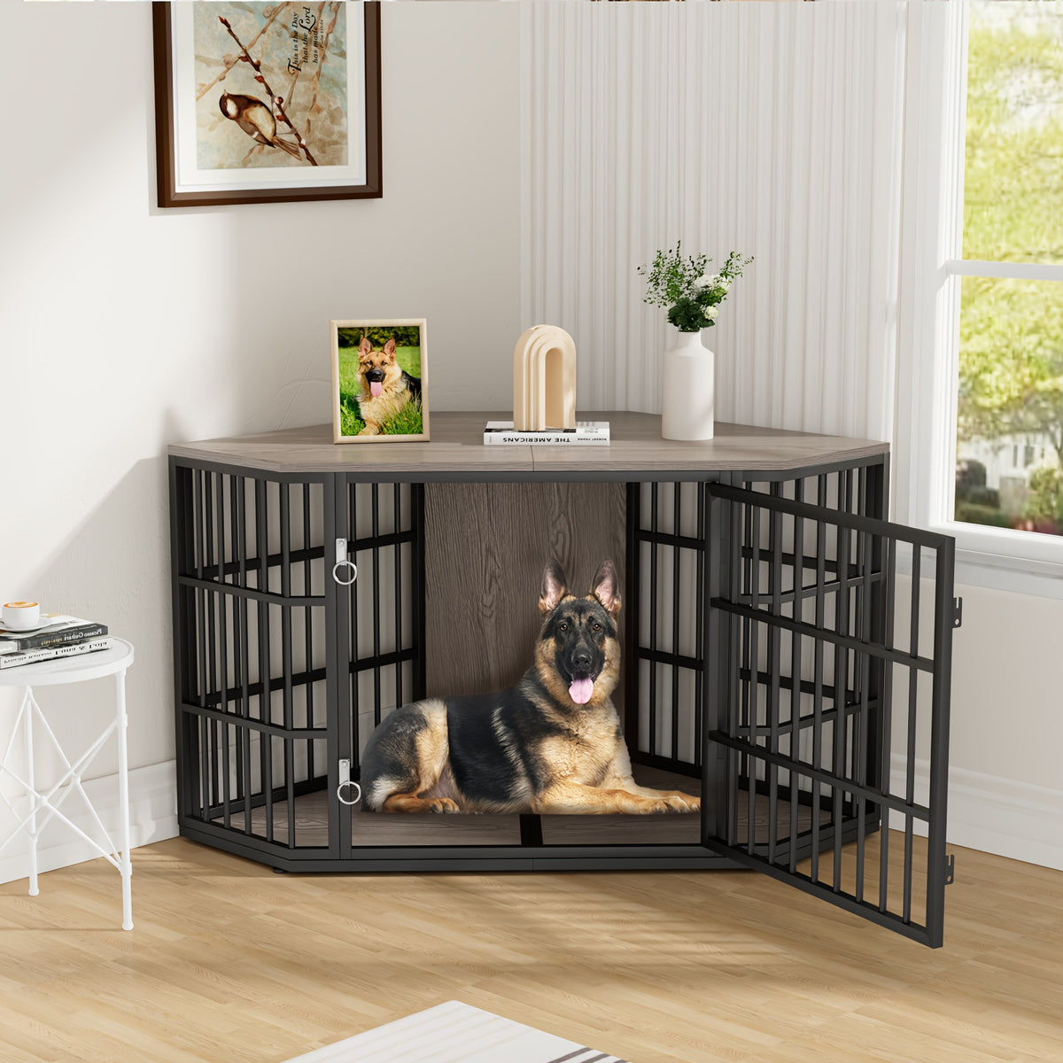 47"/52" Heavy Duty Corner Dog Crate Furniture - Rustic Brown Wooden Dog Cage with Double Sturdy Locks, Space-Saving Indoor Kennel & Side Table for Medium Dogs, Multi-Functional Pet House with Cushioned Floor & Decorative Top