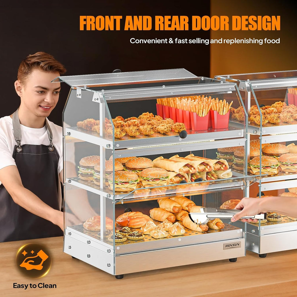 2-Tier Food Warmer Pizza Warmer Countertop, Food Warmer Display Pretzel Warmer with LED Lighting Front and Rear Doors, Electric Catering Hot Box Acrylic for Buffet Restaurant Cafe