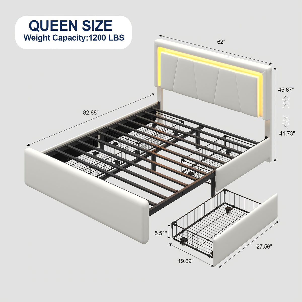 Upholstered Platform Bed Frame with 4 Storage Drawers, Twin/Full/Queen Size Bed Frame with LED Lights And Adjustable Headboard, Metal Slats Support, Charging Station, Easy Assembly, Noise Free, Black/White