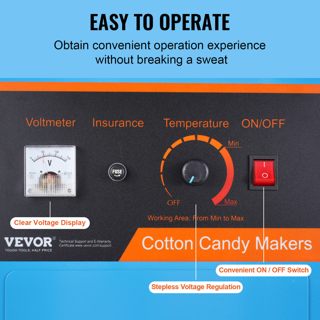 VEVOR Electric Cotton Candy Machine, Commercial Cotton Candy Machine with Stainless Steel Bowl, Sugar Scoop, and Drawer, Perfect for Home Kids Birthday, Family Party, Blue
