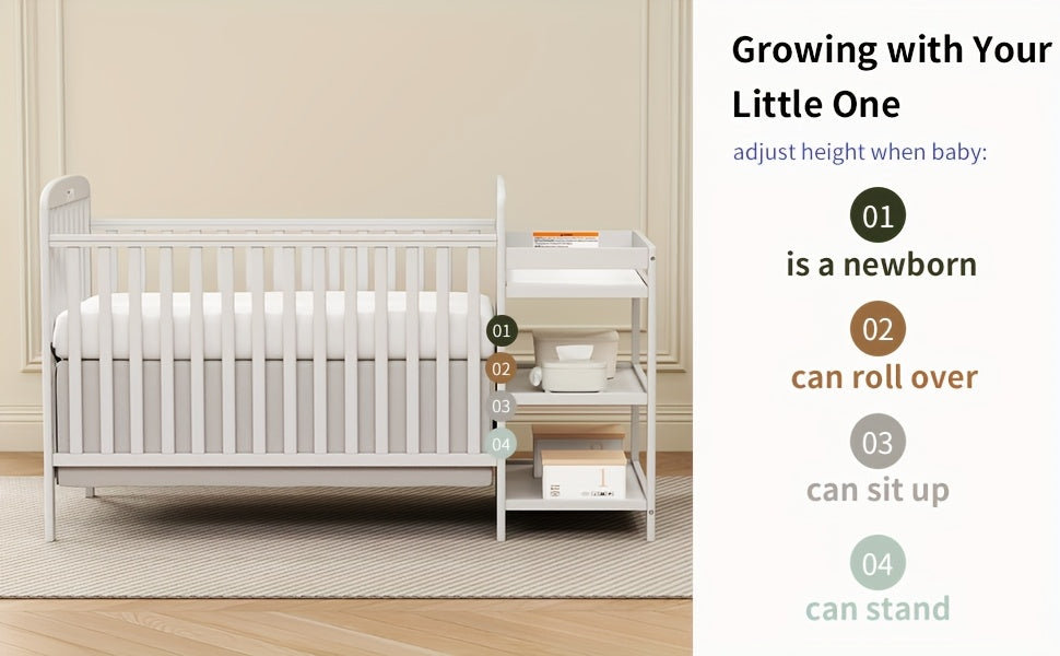 Goldzone 4-in-1 Convertible Baby Crib, Wooden Baby Stuffs Converts Into Toddler Bed with Changing Table, Newborn Essential Items Full Size Nursery Decor Cribs, Adjustable Heights, Item Weight: 56lbs, Maximum Weight Recommendation: 50lbs
