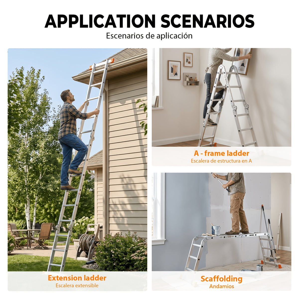 7-in-1 Foldable Convertible Aluminum Ladder, Dual Size Options M(139.4 Inch)/L(186.6 Inch) with Different Extended Length, Heavy-Duty Construction, Wear-Resistant Non-Slip Design, Sturdy Support Structure, Practical Extension Ladder for Indoor