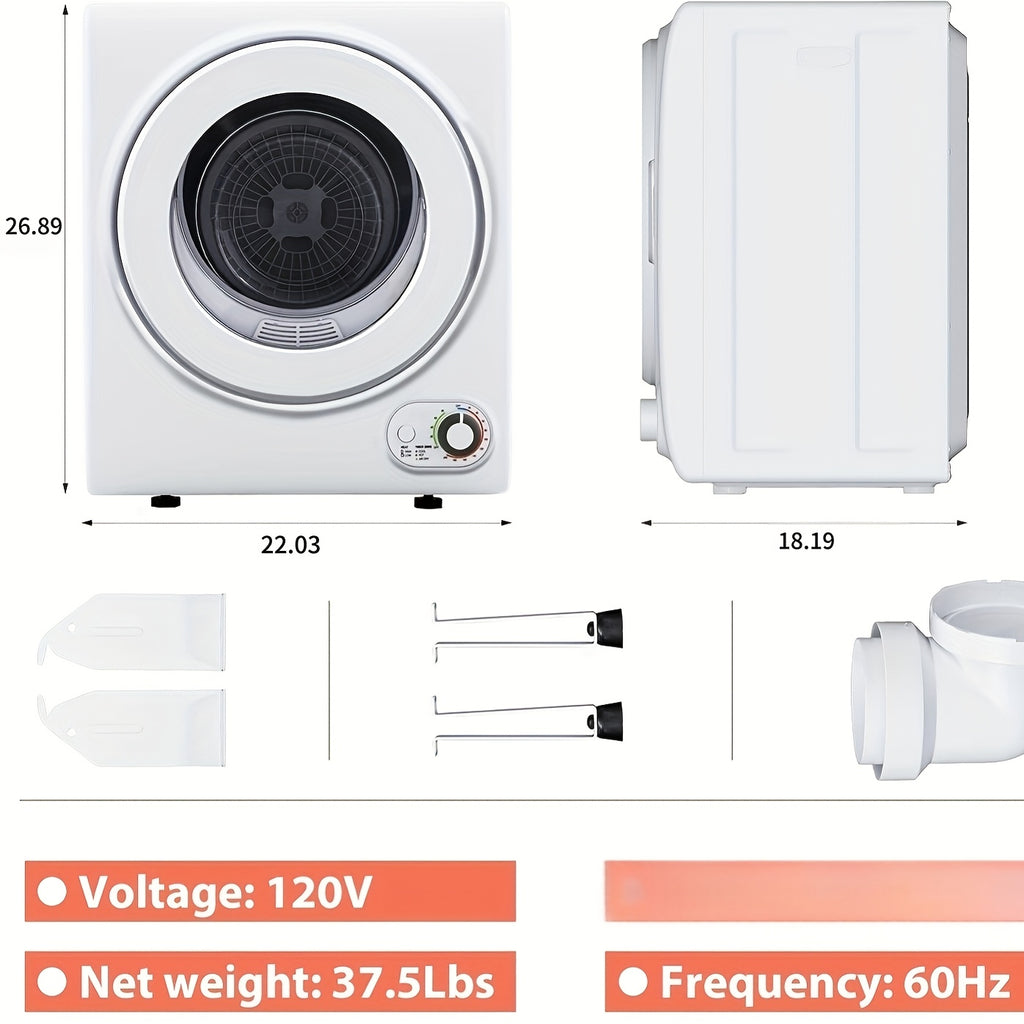 110V-1400W Portable Compact Laundry Dryer, 1.5/1.8/2.75 Cu.ft Capacity, Front Load Stainless Steel Tub, with Exhaust Duct, Four-Function Control, Ideal for Apartment, RVs, Dorms, White