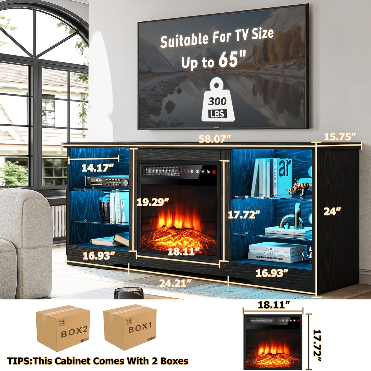 Modern TV Stand with Electric Fireplace - Black Media Console, Adjustable Glass Shelves & Storage Cabinets, Open Shelving, Sturdy Floor-Standing Entertainment Center for Living Room, Compatible with TVs, Gaming consoles, Streaming devices - Easy Assembly