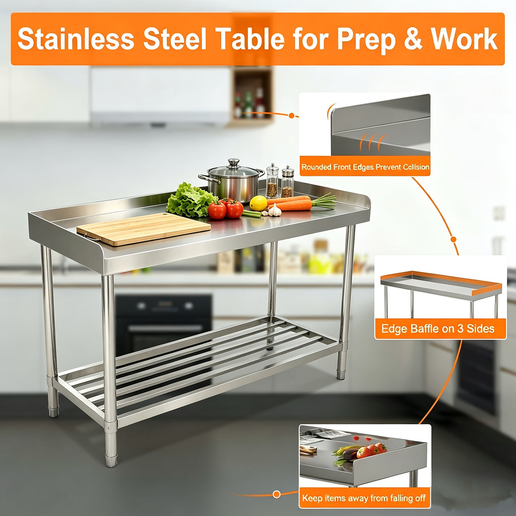 Stainless Steel Table with Backsplash, 48 X 24 Inches Metal Prep And Work Table with Adjustable Undershelf, for Outdoor, Restaurants, Hotels, Workshops, Kitchens, Garages And Gardens
