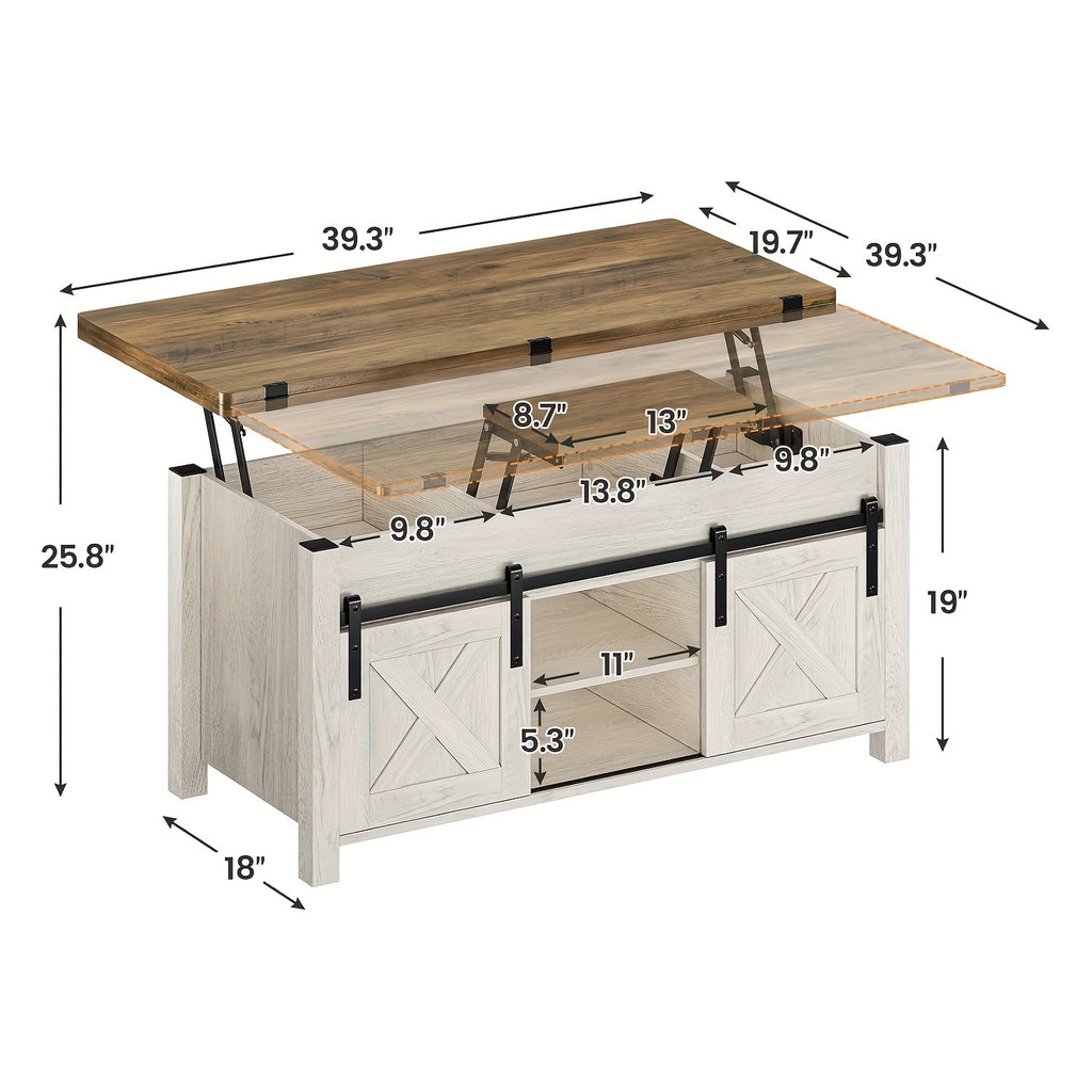 Farmhouse Lift Top Coffee Table with Hidden Compartments And Open Shelves, Center Table with Sliding Barn Door for Living Room Home Office, Light Oak Gray