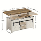 Farmhouse Lift Top Coffee Table with Hidden Compartments And Open Shelves, Center Table with Sliding Barn Door for Living Room Home Office, Light Oak Gray