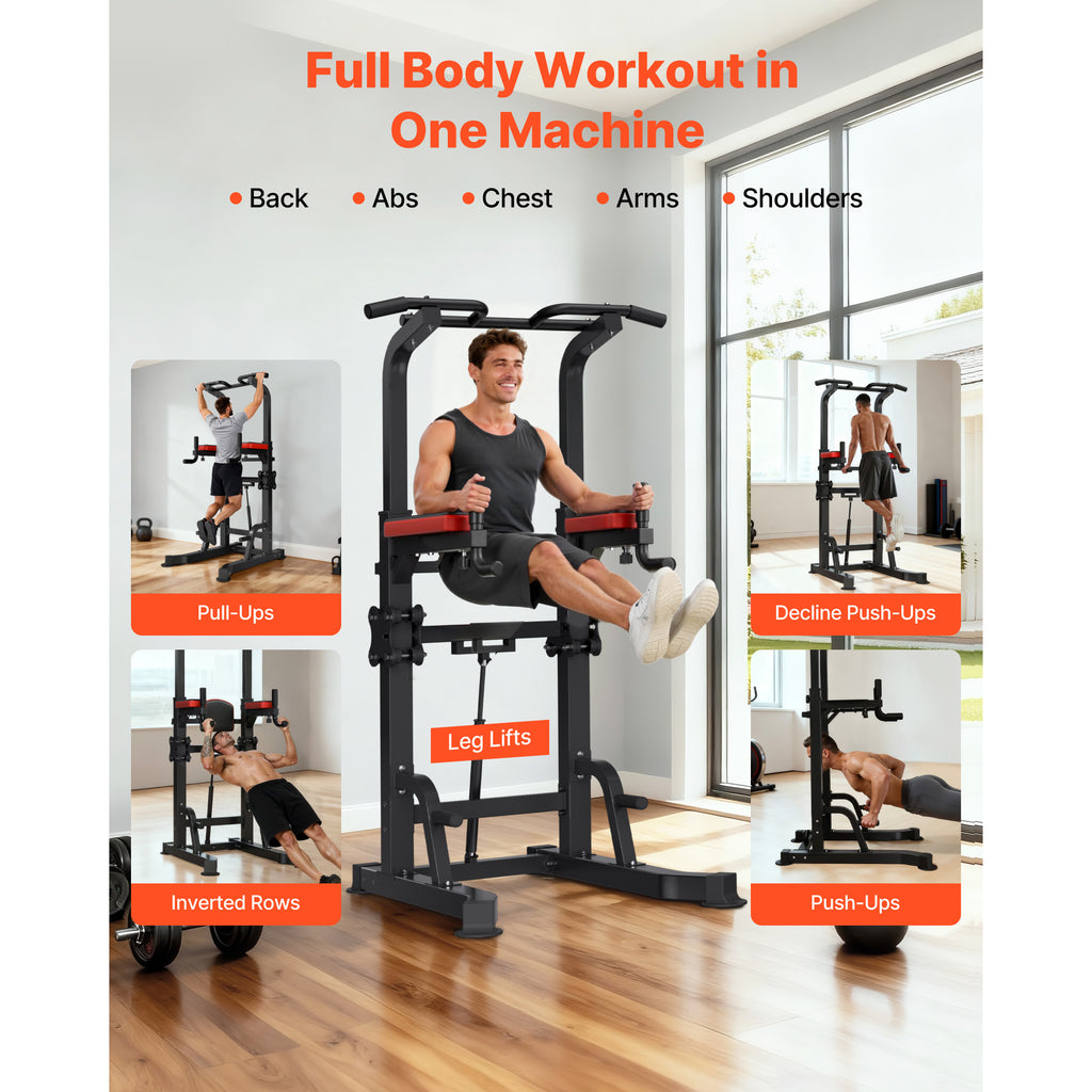 VEVOR Pull Up Bar, 330 LBS Power Tower Dip Station,With pallet/With butterfly arm, Workout Dip Station with H-Shaped Stable Base & Assistance Platform, Adjustable 9 Level / 12 Level Height Pullup Stand for Back, 3-Level / 4-Level Adjustable Elbow Pads