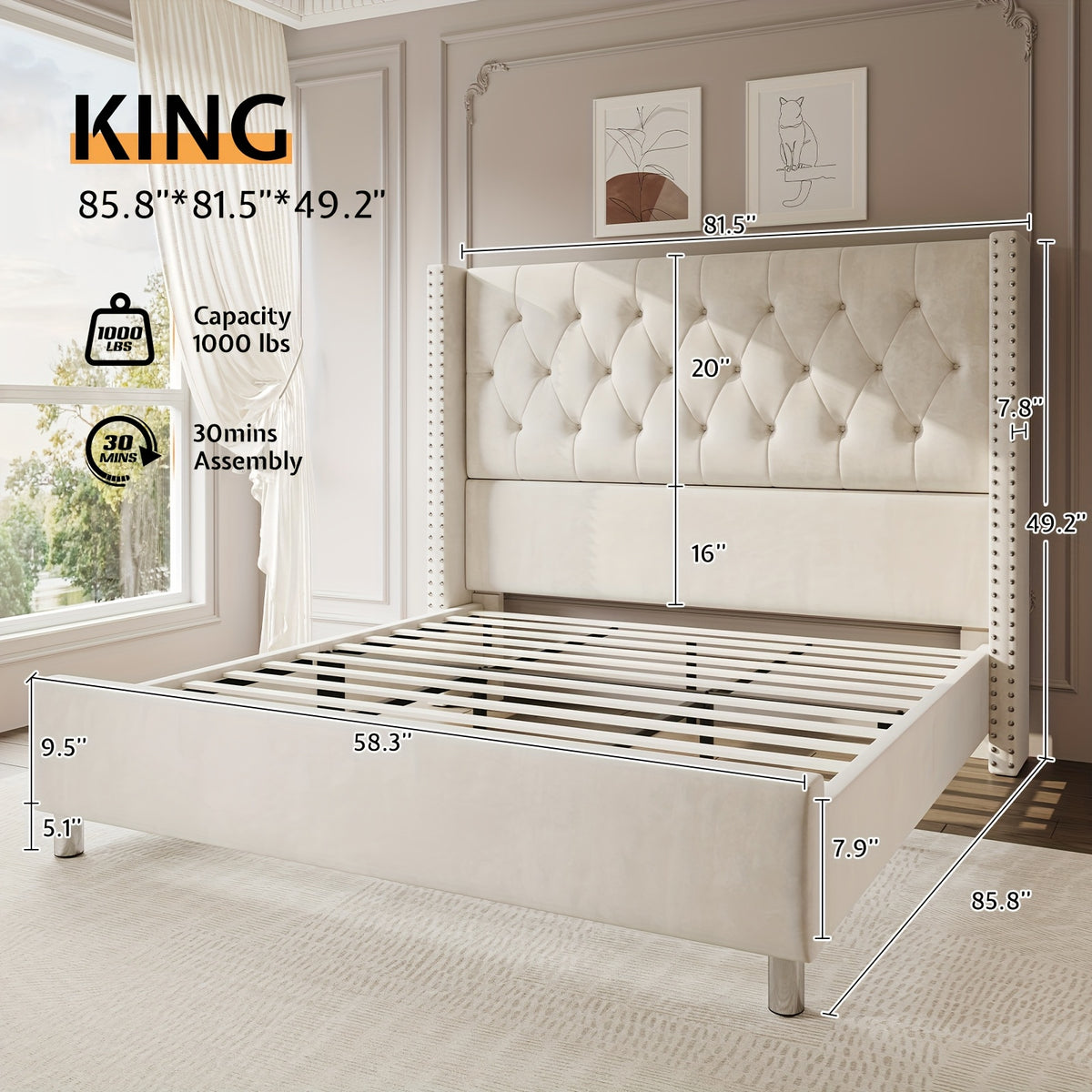 Papajet Velvet Upholstered Bed Frame with Wingback Headboard, No Box Spring Required