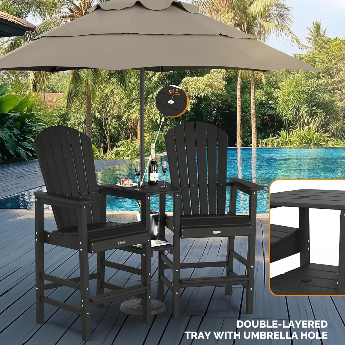 Tall Adirondack Chairs Set of 2 HDPE Balcony Chair with Double Connecting Tray Weather Resistant Outdoor Bar Stools for Patio Deck Lawn Pool Backyard Black