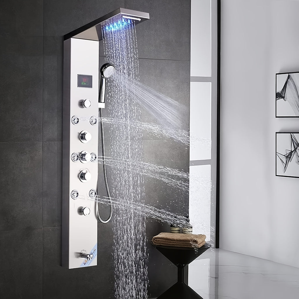 6-Function Modern Shower Panel Tower System with Rainfall Waterfall Shower Head, Handheld Shower & Massage Jets - Brushed Nickel Wall-Mounted Bathtub Faucet Suitable for Bath/Shower, Full Body System with Clarity Basin and Spout