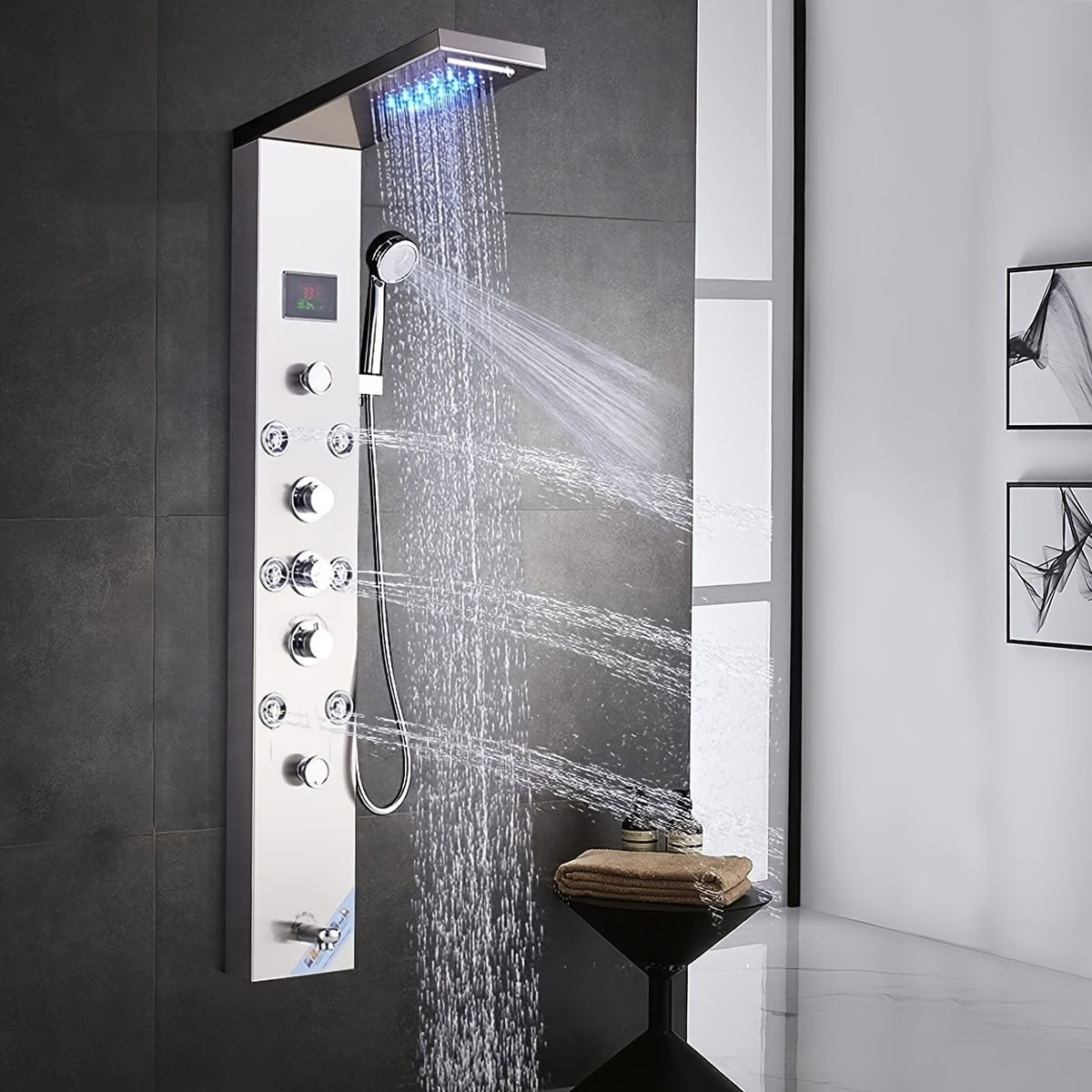 6-Function Modern Shower Panel Tower System with Rainfall Waterfall Shower Head, Handheld Shower & Massage Jets - Brushed Nickel Wall-Mounted Bathtub Faucet Suitable for Bath/Shower, Full Body System with Clarity Basin and Spout