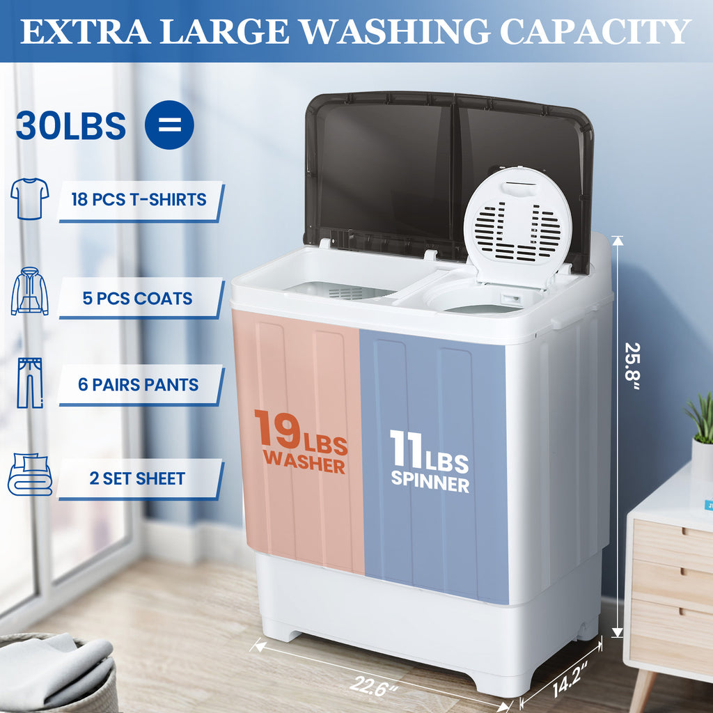 30lbs Portable Washer, Twin Tub Washer and Dryer Combo Laundry Washing Machine, Semi-Auto Washer Machine with Wash & Dehydration, 19Lbs Washer 11Lbs Spinner Laundry Appliances for Home, Apartment, Dorms, RV, Ship Cabins, Offices, Bathroom, Balcony