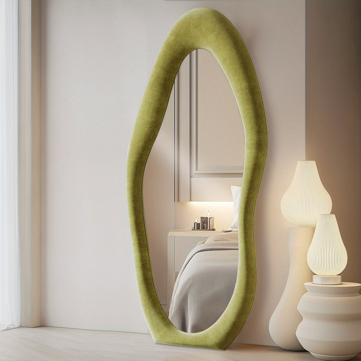 63 X 24 Inches Full Length Mirror Irregular Full Body Wall Mounted Floor Mirror with Stand Ivory Flannel Frame Leaning Hanging Wall Mirror for Bedroom Entrance