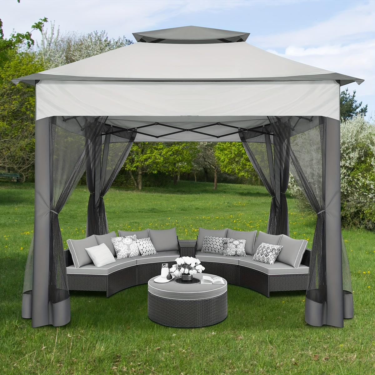 Tooluck 10X10Ft Outdoor Gazebo with Mosquito Netting And Double Roof, Easy Set Water-Resistant Metal Gazebo with Alloy Frame, for Gardens, Lawns & Backyard