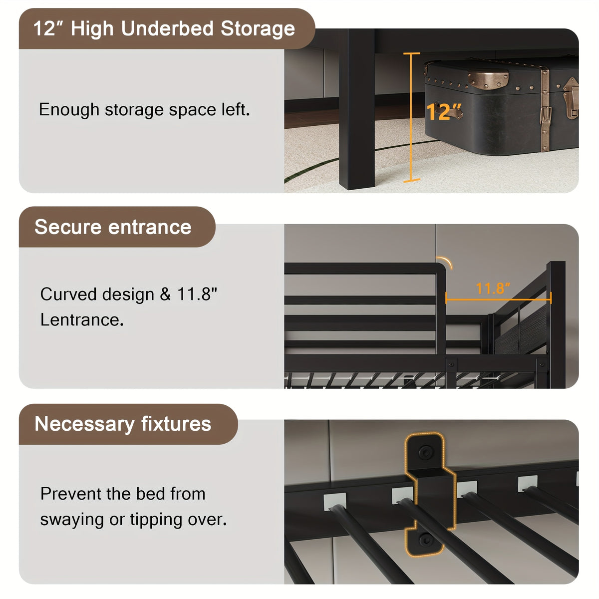 77.5"L Heavy Duty Metal Bed Frame, Twin Over Twin Or Full Over Twin Bunk Bed with Full Length Guardrails And Ladder, Black/Rustic Brown/White Options, Easy Assembly, Suitable for Shared Bedrooms, Bed Frame Without Mattress