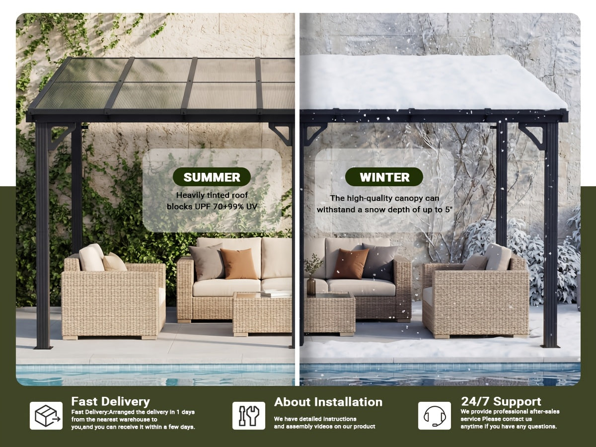 Wall-Mounted Pergola by VIWAT — Modular Splicable Design and Sloped Panel Roof for Patios and Decks, Gray