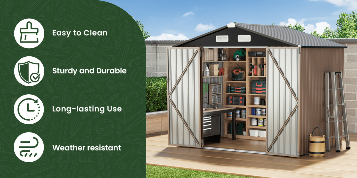[Metal Storage Shed] 8x6ft (7.33'x5.28' Base, No Floor), 6 X 4ft, 10x12ft, 10x14ft, Metal Steel Outdoor Storage Shed with Air Vent & Lockable Doors, for Garden, Patio And Backyard, Tools, Bike