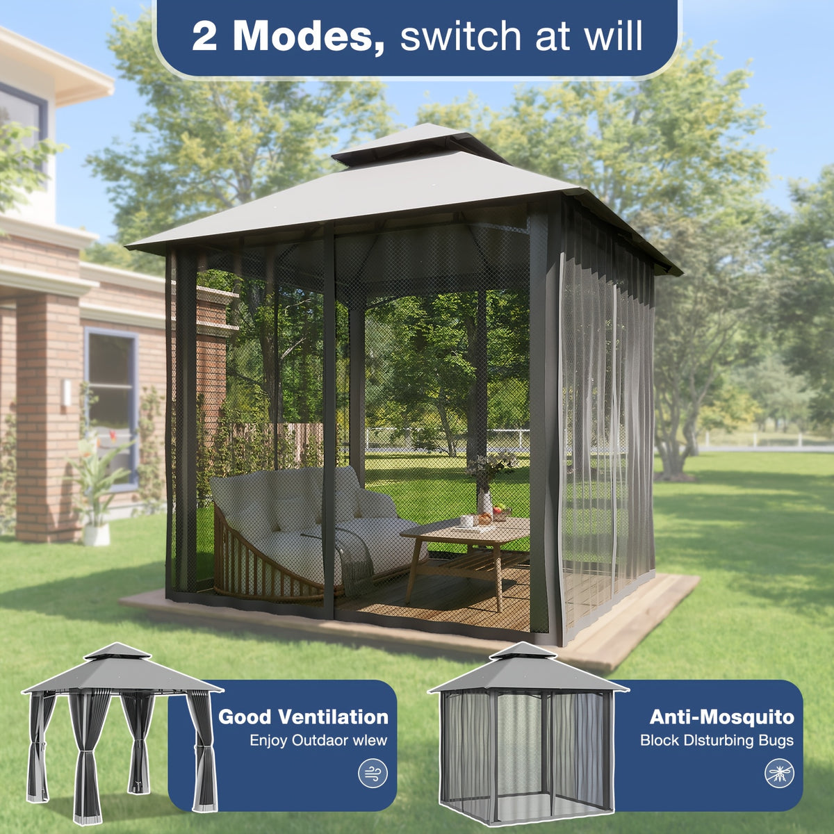 8'x8'Heavy-Duty Aluminium Alloy Outdoor Gazebo With Double Roof Canopy - All-Weather Pergola Mosquito Netting, Suitable For Terraces, Backyards, Or Gardens (grey)