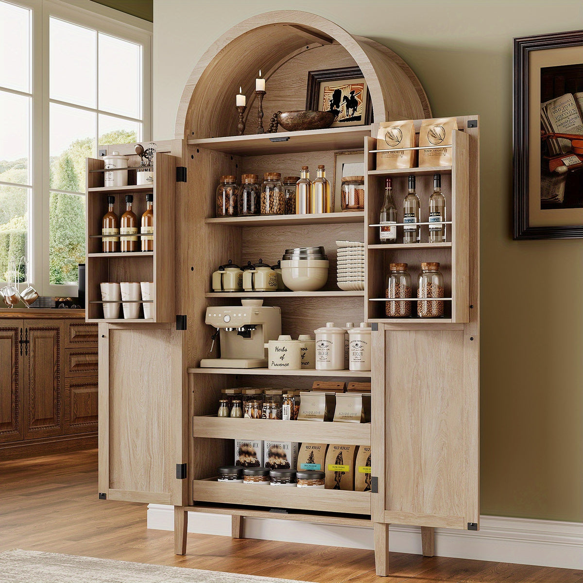 PAZCASA 71" Tall Arched Kitchen Pantry, Storage Cabinet with 2 Pull-Out Shelves, 6 Door Shelves, Organizer, Freestanding Modern Versatile Cupboard for Kitchen, Dining Room, Black/Natural