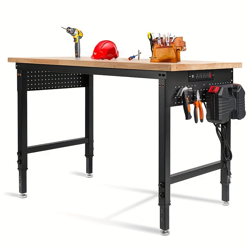 MUWOOD 48" 60" 96" Adjustable Workbench with Power Outlet, Heavy Duty Garage Table, 2000/5000 LBS Load, Pegboard & Thick Rubber Wood Top, Height Adjustable 28"-40" for Workshop, Home, Office