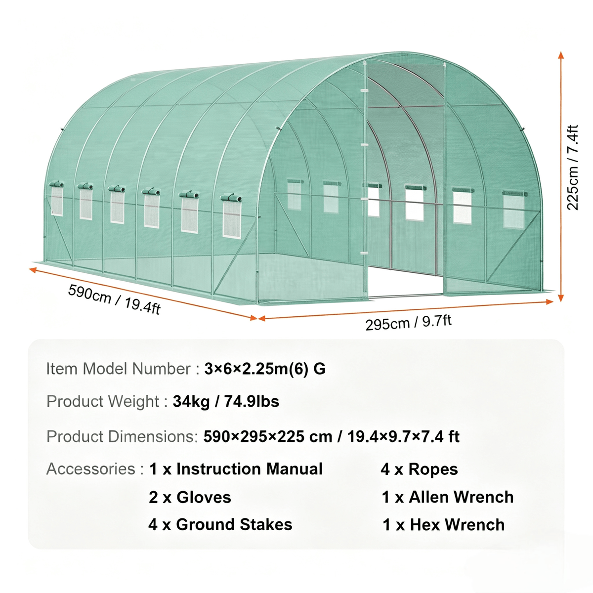 VEVOR Walk-in Tunnel Greenhouse 19.36x9.68x7.4/27.38x9.5x7.38ft Galvanized Frame PE Cover Green (No Door)