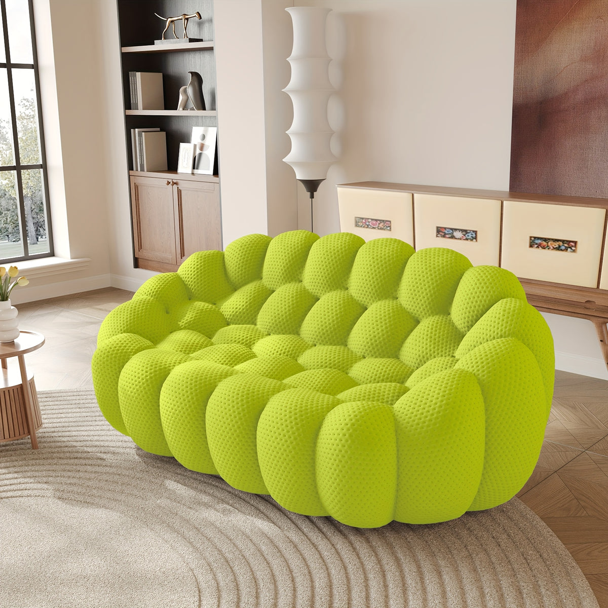 100.03'' Modern Upholstered Curved Sofa, 3 Seater Mesh Fabric Floor Sofa, 3D Honeycomb Shape Curved Couch for Living Room