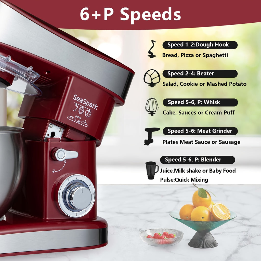 Household Vertical 6-in-1 Stand Mixers, 6-speed Pulse 6.3QT Tilting Kitchen Food Chef Machine, Equipped with Mixer, Dough Hook, Egg Beater, Spatula, Meat Grinder and Juicer Accessories, Red