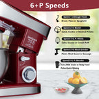 Household Vertical 6-in-1 Stand Mixers, 6-speed Pulse 6.3QT Tilting Kitchen Food Chef Machine, Equipped with Mixer, Dough Hook, Egg Beater, Spatula, Meat Grinder and Juicer Accessories, Red