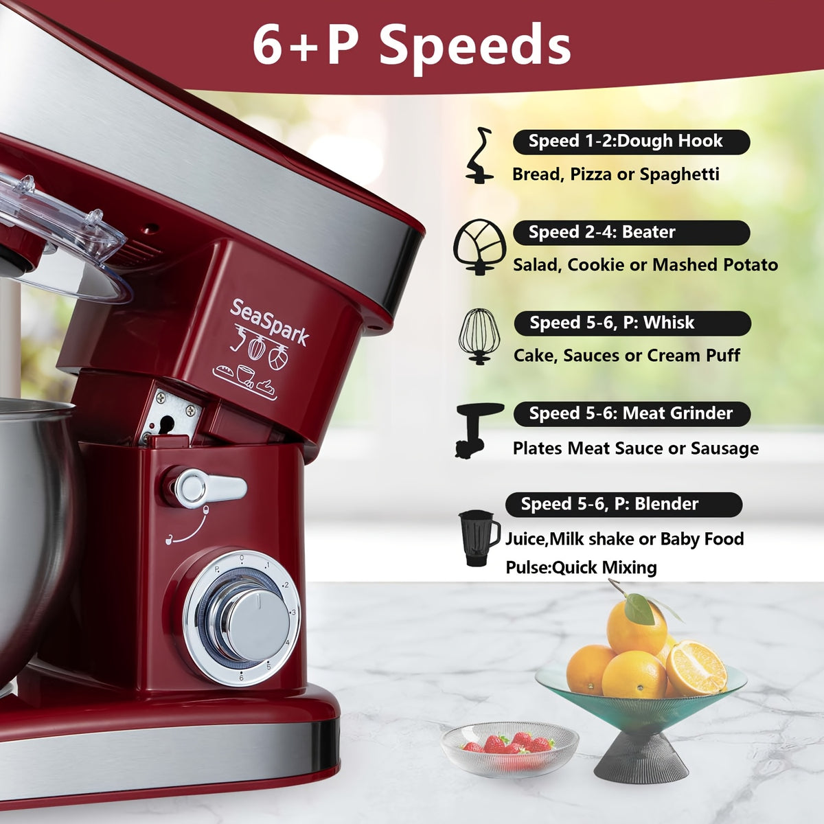 Household Vertical 6-in-1 Stand Mixers, 6-speed Pulse 6.3QT Tilting Kitchen Food Chef Machine, Equipped with Mixer, Dough Hook, Egg Beater, Spatula, Meat Grinder and Juicer Accessories, Red