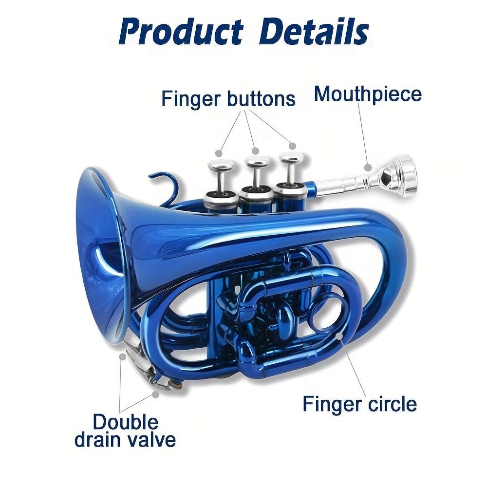 WUQIMUSC Bb Pocket Trumpet Nickel Plated, Brass Beginner Trumpet with 7C Mouthpiece, Case, Cleaning Kit & Gloves Musical Instruments Gift